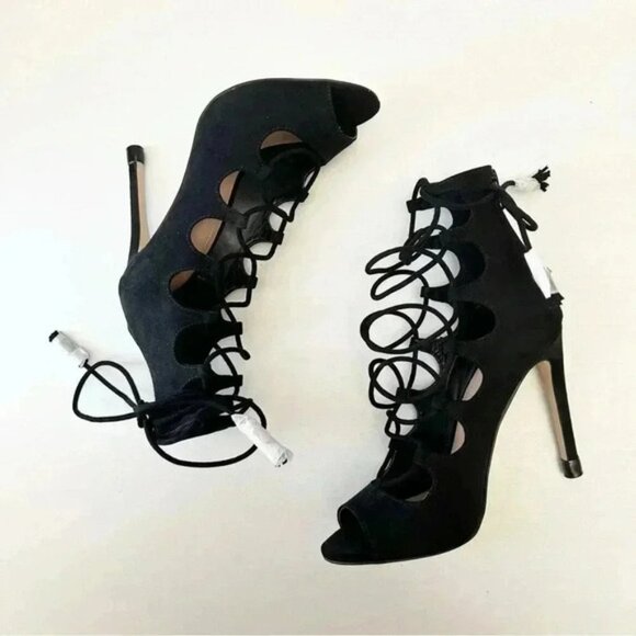 Aldo Sergioa Lace Up Stiletto Heels Peep Toe Black Micro Suede Size 7.5 - Picture 9 of 16